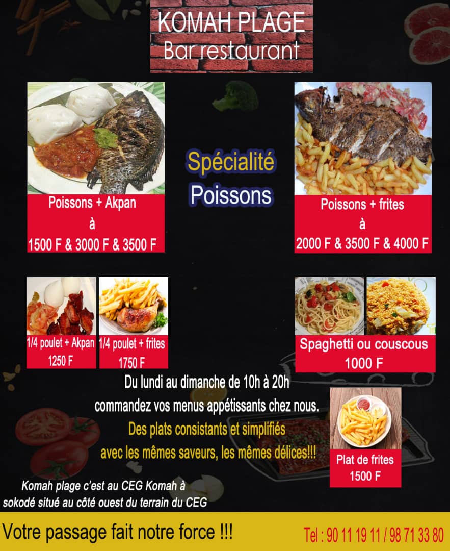 Elsa-Communication recrute pour le Bar- Restaurant Komah Plage de Sokodé, 01 cuisinier (e) et 02 Serveurs (e).
