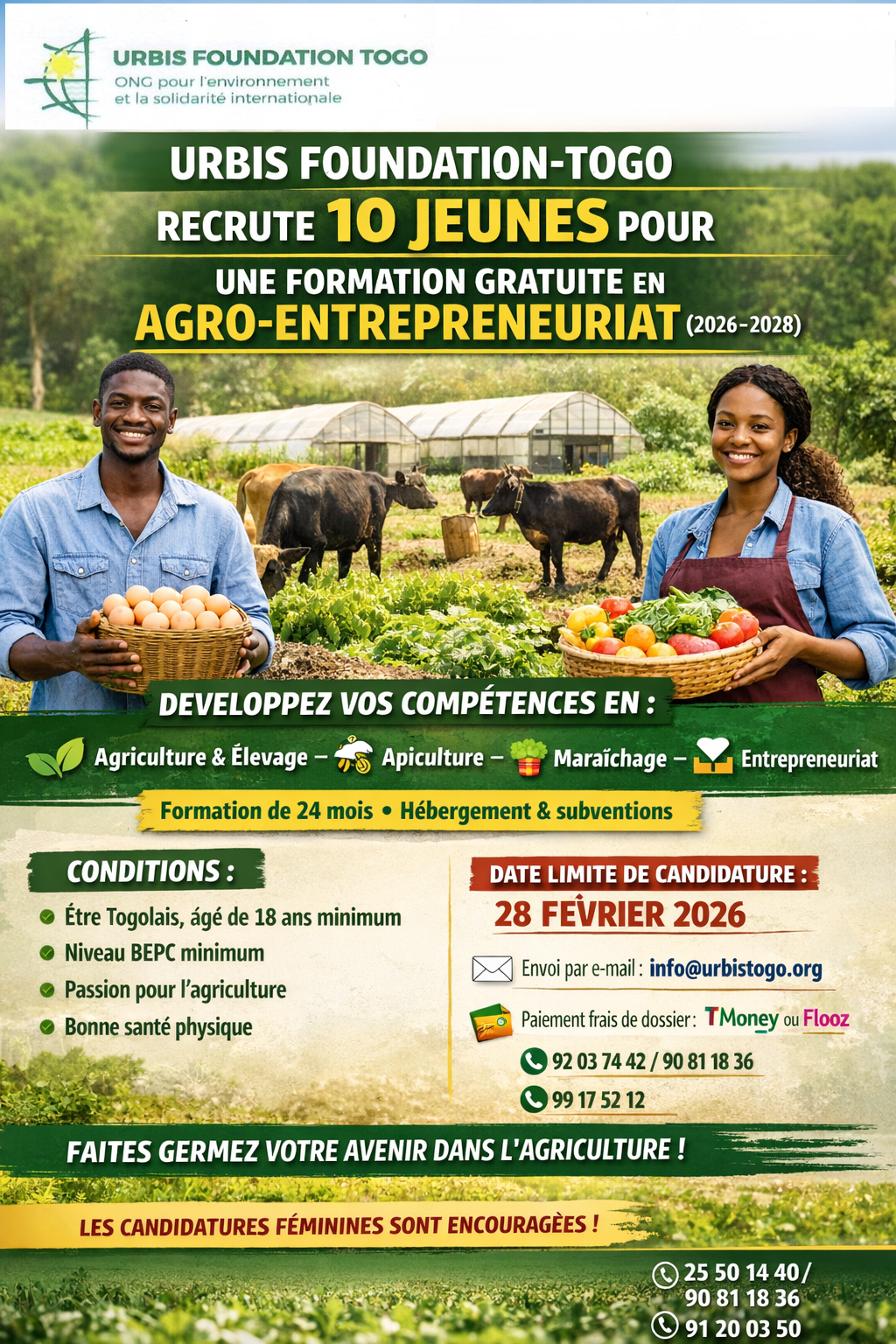 URBIS FOUNDATION-TOGO recrute 10 jeunes pour une formation gratuite en agro-entrepreneuriat (2026-2028)