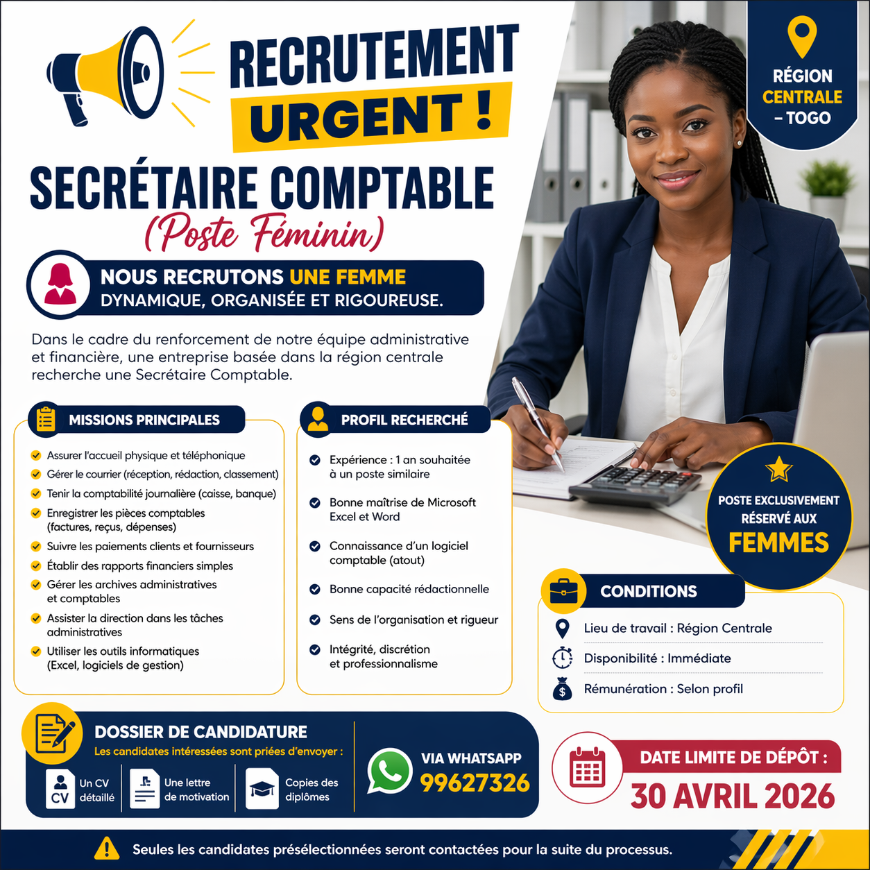 RECRUTEMENT D’UNE SECRÉTAIRE COMPTABLE – OPPORTUNITÉ PROFESSIONNELLE RÉSERVÉE AUX FEMMES