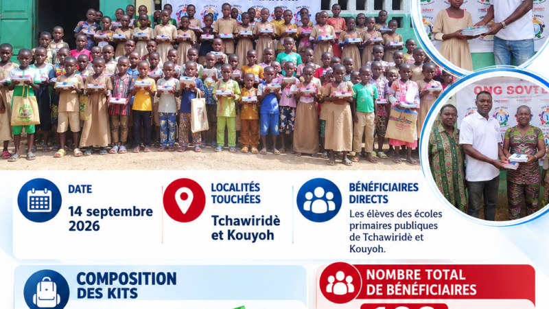 Rentrée scolaire 2026-2027 : l’ONG SOVET distribue des kits scolaires à 199 élèves à Tchawiridè et Kouyoh