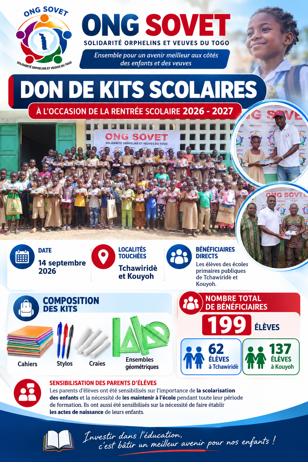 Rentrée scolaire 2026-2027 : l’ONG SOVET distribue des kits scolaires à 199 élèves à Tchawiridè et Kouyoh