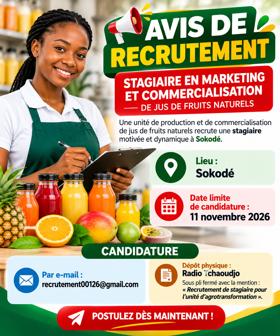 OFFRE D’EMPLOI À SOKODÉ : UNE UNITÉ DE PRODUCTION DE JUS DE FRUITS NATURELS RECRUTE UNE STAGIAIRE EN MARKETING ET COMMERCIALISATION.